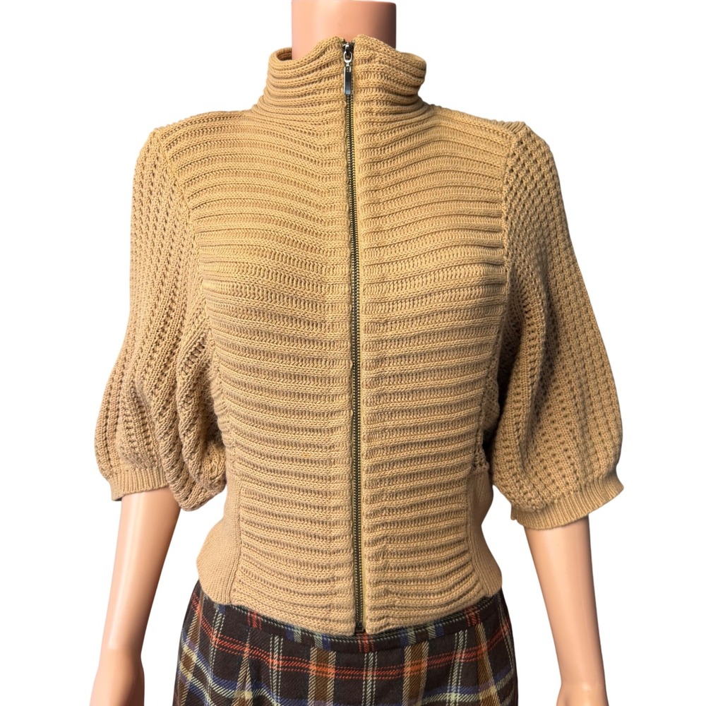 Chelsea & Theodore Tan Chunky Knit Zip Sweater S Mock Neck Puff Sleeve Cotton